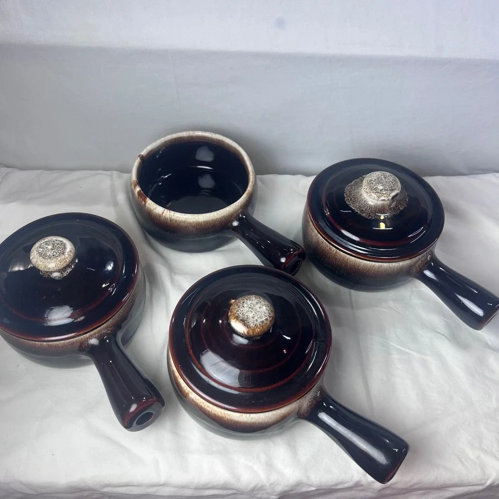 Vintage Brown Drip Glaze Ceramic Soup Crocks with Mushroom Lids Set of 4